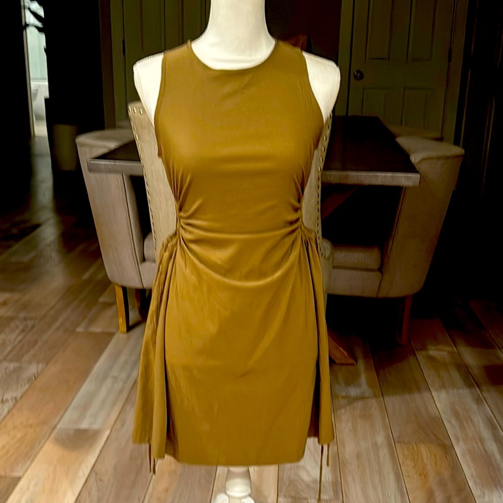 Elegant Leo and Viola taupe Sleeveless Dress w/ cutouts on each side of waist